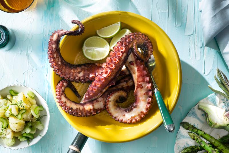 Grilled Moroccan octopus with green asparagus and potato salad